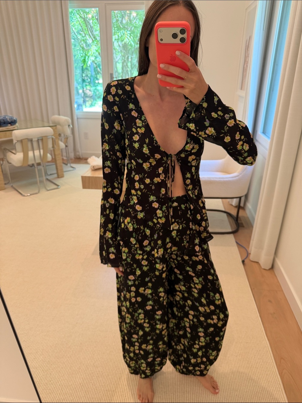 AFRM Black Floral Tie-Front Pantsuit with Green & Yellow Accents